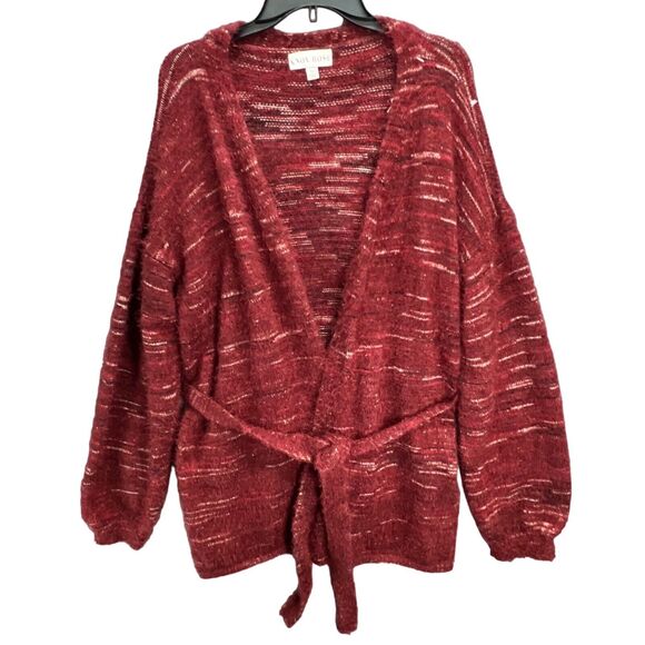 Knox Rose Cardigan Sweater Womens XL Burgundy Red Fuzzy Eyelash Tie Front Cozy - Picture 2 of 15